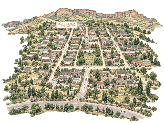 Illustrated bird&rsquo;s-eye map of Clarens seen from the R712, with Main Street running up past Van Zyl Street and the Village Square to the guest apartments at 279 Main Street, and the Maluti sandstone cliffs behind