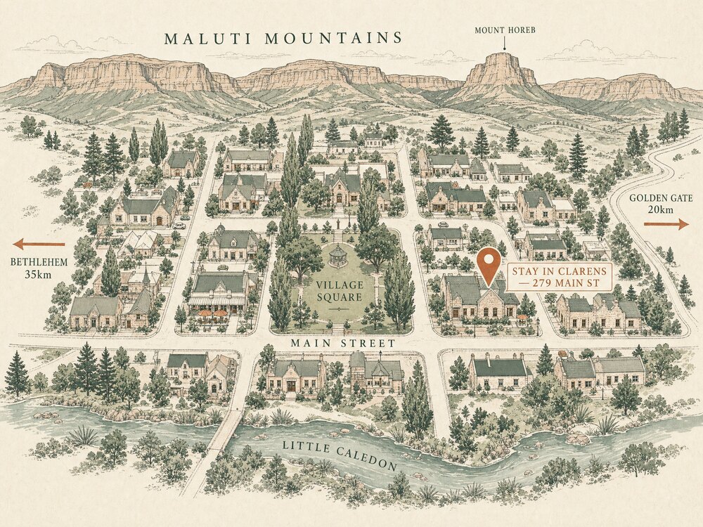 Illustrated map of Clarens village showing Main Street, the village square, Mount Horeb and the Maluti Mountains, with Stay in Clarens marked at 279 Main Street